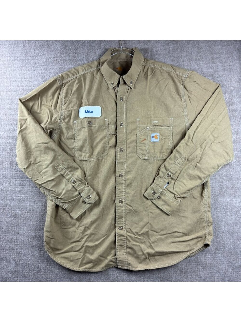 Carhartt FR Force Sun Defender Shirt XL Khaki Long Sleeve Button Down MIKE Patch